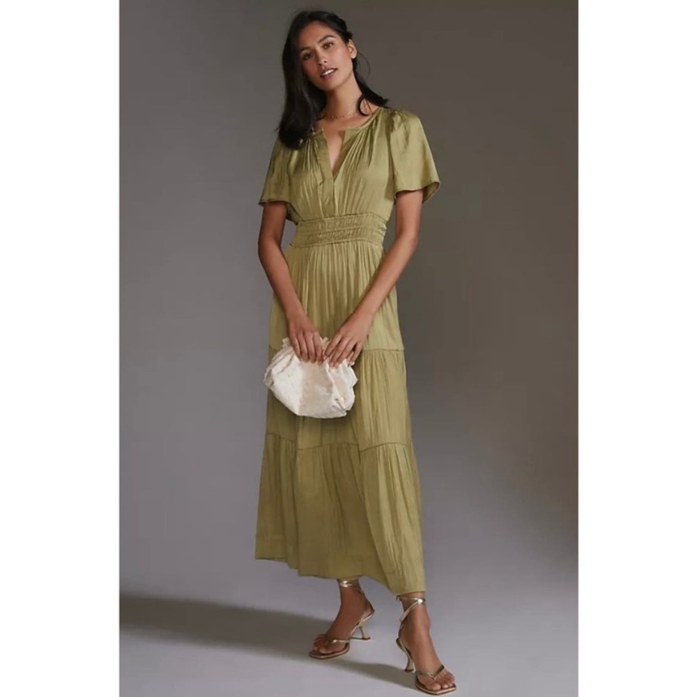 ANTHROPOLOGIE SOMERSET MAXI DRESS SILKY FLOWY SATIN OLIVE GREEN NEW NWT size L